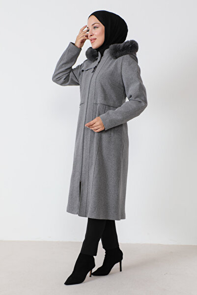 Tesettür Dünyası Patch Detailed Stamp Coat TSD230812 Gray