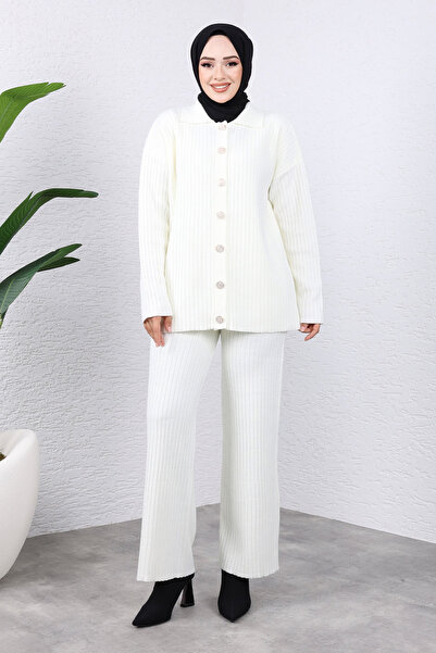 Tesettür Dünyası Λευκό Πλεκτό Σετ - TSD 240936 , Μπροστινό κουμπί