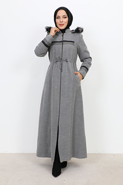 Tesettür Dünyası Leather Detailed Full-Length Zipper Coat TSD231116 Gray