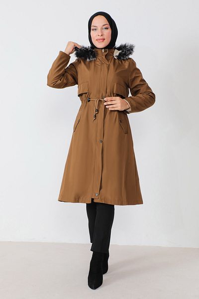 Tesettür Dünyası Waist Lace-up Coat TSD230817 Tan