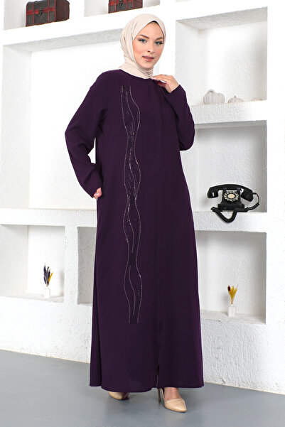 Tesettür Dünyası Hijab brodat cu paiete ondulat în față Ferace Tsd230423 Prune