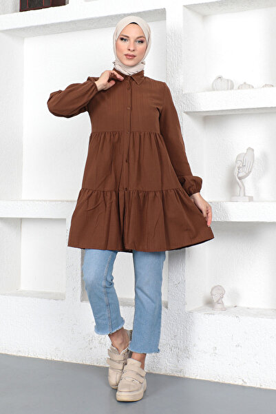 Tesettür Dünyası Tunika z falbaną Tsd230370 Brązowa