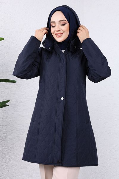 Tesettür Dünyası Καπιτονέ παλτό Navy Blue - Velbua Coated με κουκούλα TSD 240934