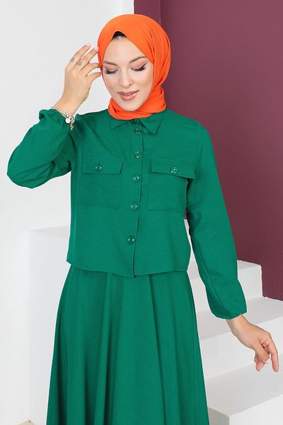 Tesettür Dünyası Skirted Double Suit TSD230649 Emerald Green