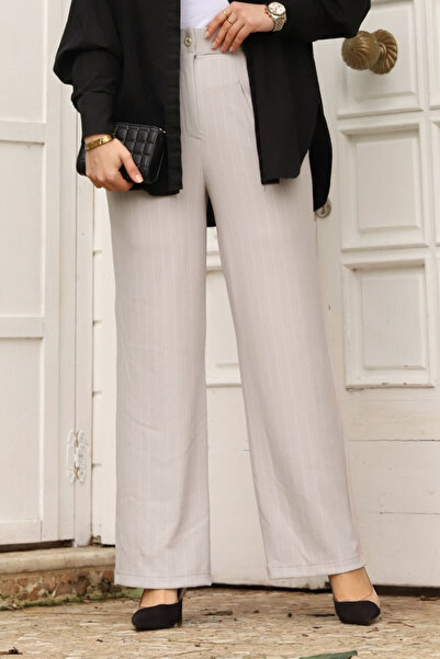 Tesettür Dünyası Çizgili Palazzo Pantolon TSD240117 Gri