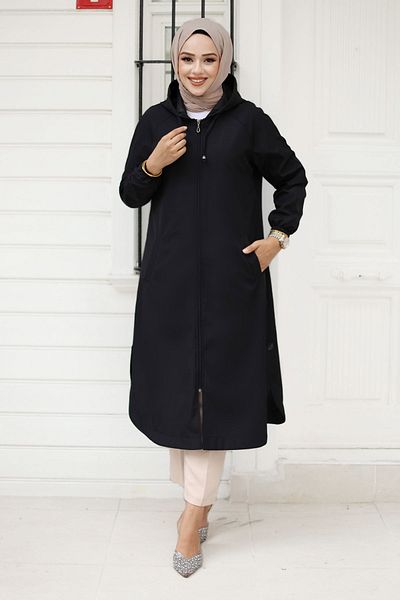 Tesettür Dünyası Black Zippered Trench Coat - Elastic Sleeve Tsd 240819