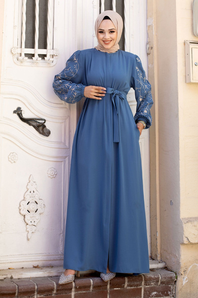 Tesettür Dünyası Indigó nagyméretű, hímzett ujjú hidzsáb Ferace - TSD 240120