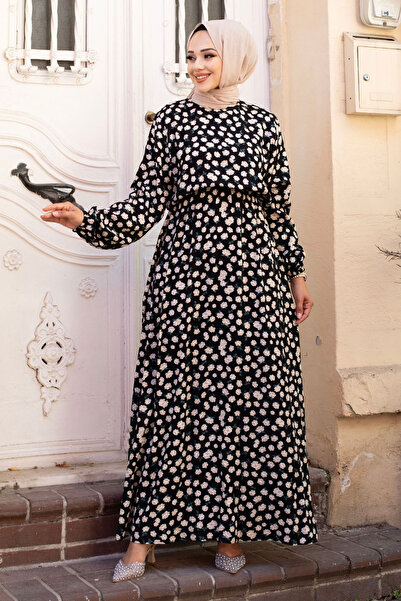 Tesettür Dünyası Μακρύ μονόχρωμο φόρεμα με ελαστική μέση, με μικρό σχέδιο τριαντάφυλλου, βισκόζης TSD240611 Μπεζ