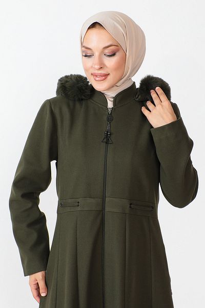 Tesettür Dünyası Full Length Zippered Coat TSD230803 Khaki