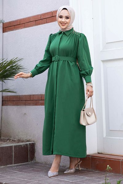 Tesettür Dünyası Emerald Green Shoulder Jeweled φόρεμα - Λαιμόκοψη TSD240513