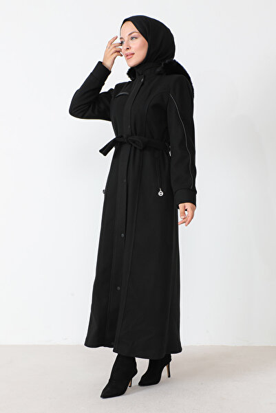 Tesettür Dünyası Detailní kožený kašmírový kabát po celé délce TSD230811 černý