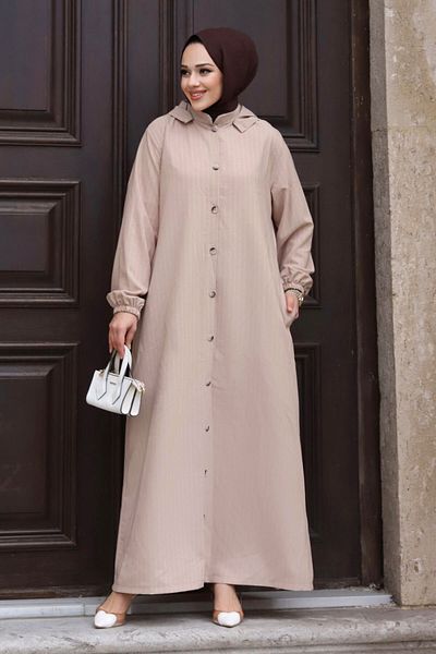 Tesettür Dünyası Plus Size Removable Hooded Buttoned Ferace TSD240219 Beige