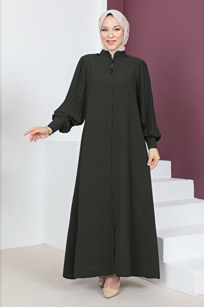 Tesettür Dünyası Detailní záhyb rukávů Abaya TSD230533 Khaki