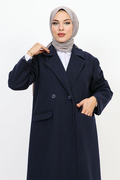 Tesettür Dünyası معطف بأزرار مزدوجة مع جيوب غطاءية TSD231109 أزرق داكن