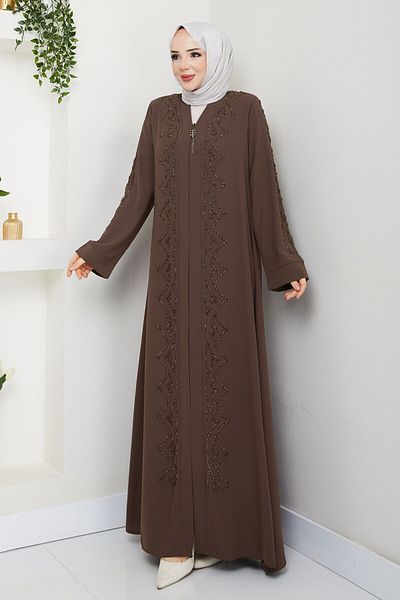 Tesettür Dünyası Καφέ Abaya με λαιμόκοψη TSD 250123