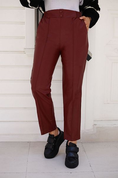 Tesettür Dünyası Burgundy Leather Trousers - Front Button Detail, Tsd 240930