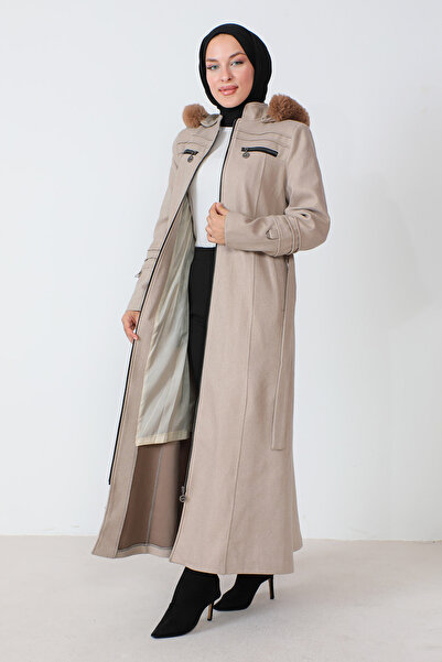 Tesettür Dünyası Bunda na zip po celé délce s ozdobnými kapsami TSD230810 Béžová