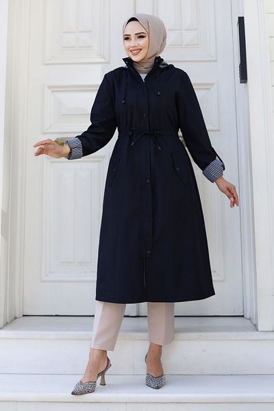Tesettür Dünyası Navy Blue Striped Trench Coat - Front Snap Lining Tsd 240926