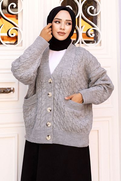 Tesettür Dünyası Gray Knitwear Cardigan - TSD with Buttons and Pockets 240716