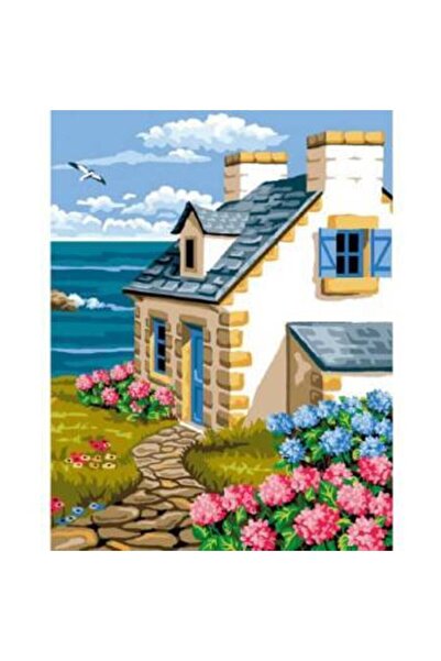 Pastelya Sayılarla Boyama Seti Çerçeveli Kasnaklı Mavi Çatılı Ev 40 x 50 Cm