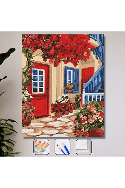 Pastelya Sayılarla Boyama Seti Çerçeveli Kasnaklı Kırmızı Çiçekli Ev 60 x 75 cm