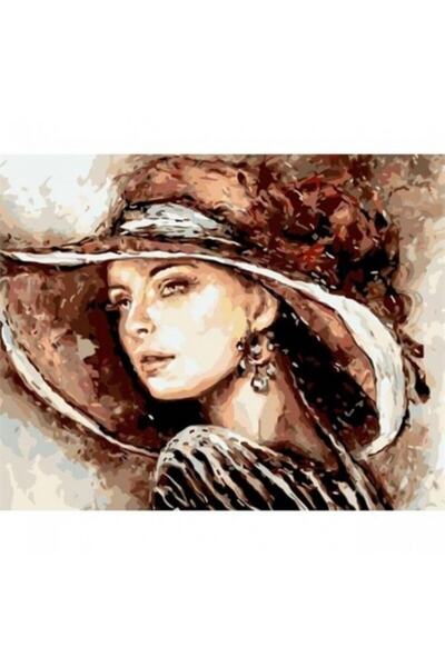 Pastelya Sayılarla Boyama Seti Çerçeveli Kasnaklı Büyük Şapkalı Lady  50 x 65 cm