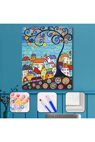 Pastelya Sayılarla Boyama Seti Çerçeveli Kasnaklı Sarmal Evler 40x50