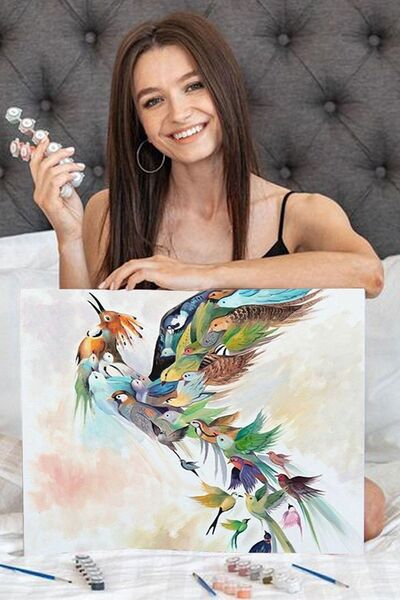 Pastelya Sayılarla Boyama Seti Çerçeveli Kasnaklı Simurg Kuşu 60x75