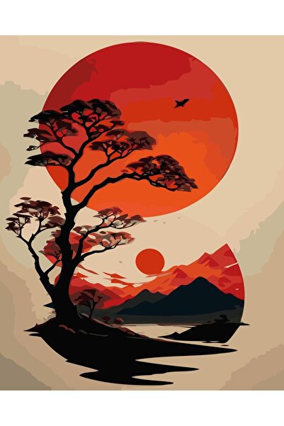 Pastelya Sayılarla Boyama Seti Çerçeveli Kasnaklı Güneş Manzarası 40x50