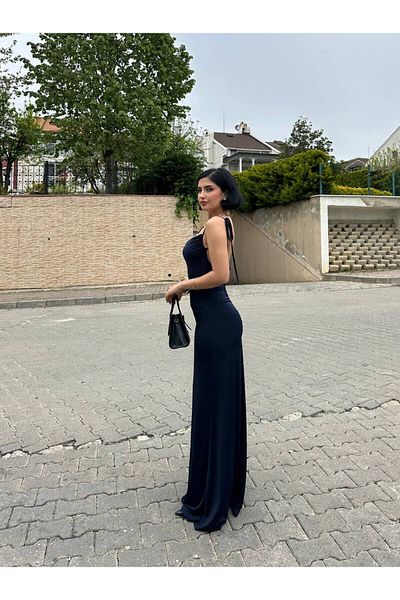 Stile Bella Γυναικείο φόρεμα με κορδόνι με λεπτομέρεια με κομμένο πίσω μέρος από υφασμάτινο μάξι