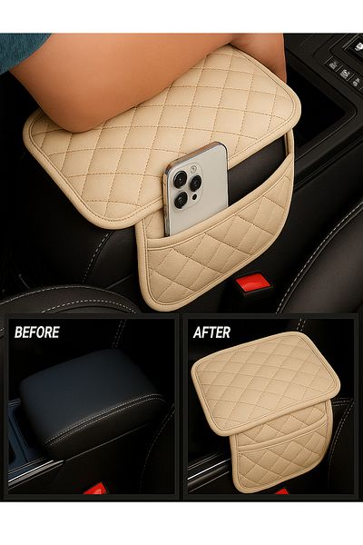 UYDEE Leather Auto Armrest Cover Capiton with Sponge Beige Yellow Embroidery Car Seat Cover