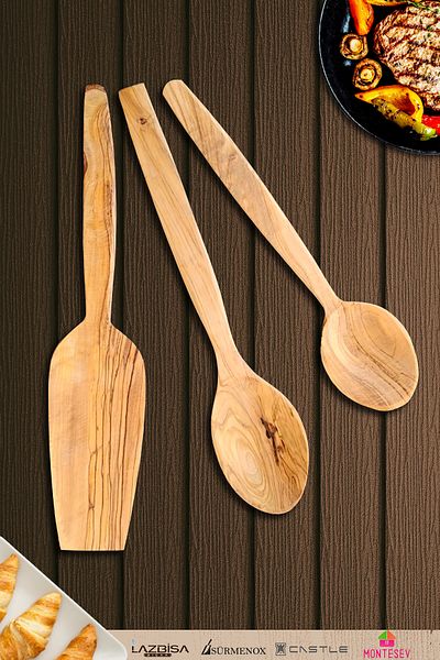 MONTESEV Olive Wood Wooden Wooden Spoon Spatula Set Wood Spoon