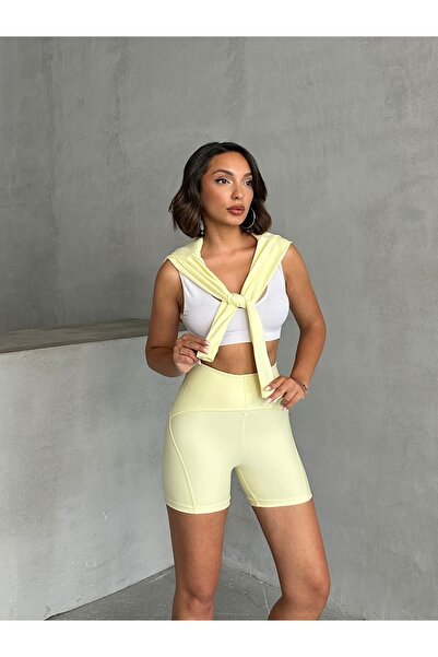 Miss Prova Yellow Body Fitting Zippered Stand Collar Knitted Sports Jacket Mıssce05922