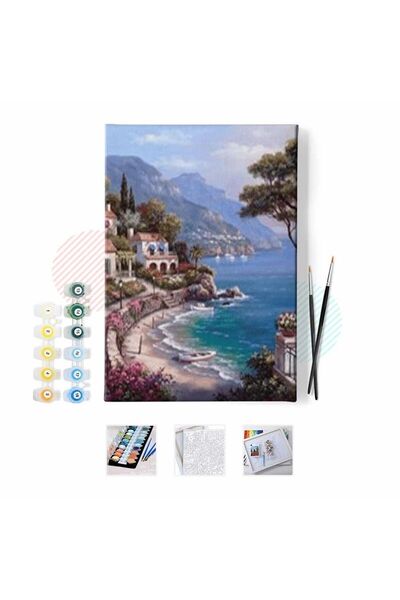 Pastelya Sayılarla Boyama Seti Çerçeveli Kasnaklı Sahil Manzarası 40x50