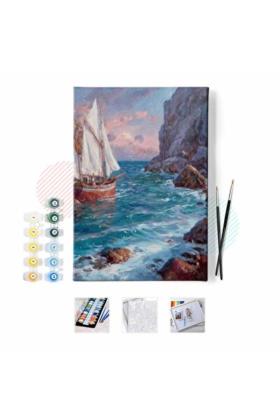 Pastelya Sayılarla Boyama Seti Çerçeveli Kasnaklı Yelkenli Kıyıda 40 x 50 Cm