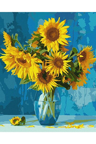 Pastelya Sayılarla Boyama Seti Çerçeveli Kasnaklı Vazodaki Ay Çiçeği 40x50