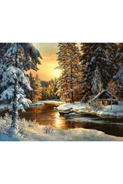 Pastelya Sayılarla Boyama Seti Çerçeveli Kasnaklı Karlı Orman Evi 40 x 50 Cm