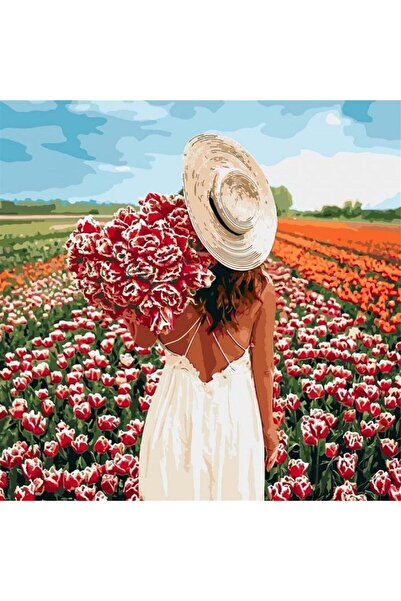 Pastelya Sayılarla Boyama Seti Çerçeveli Kasnaklı Şapkalı Çiçek Toplayan Kız ...