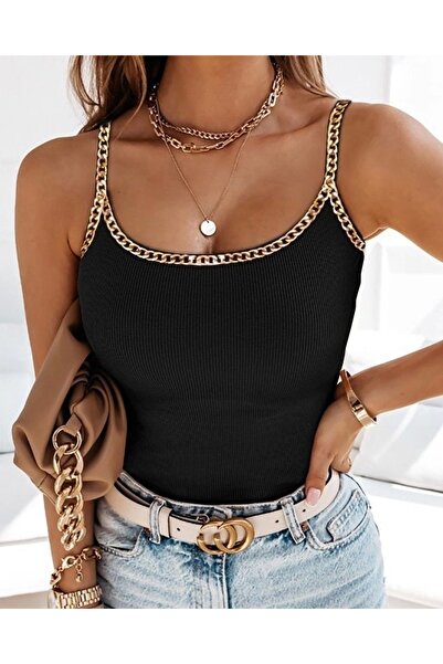 Kendinisevbutik Gacha Women's Strap U-Neck Chain Striped Camisole Blouse