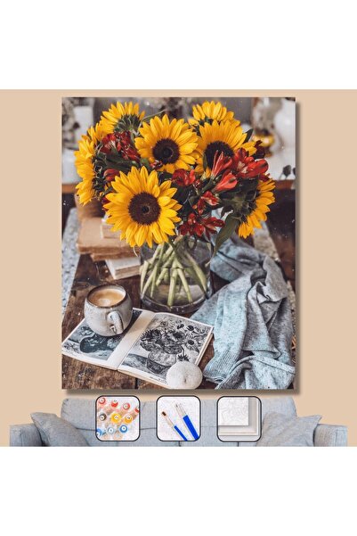 Pastelya Sayılarla Boyama Seti Çerçeveli Kasnaklı Günebakan Kahvesi 40x50 Cm