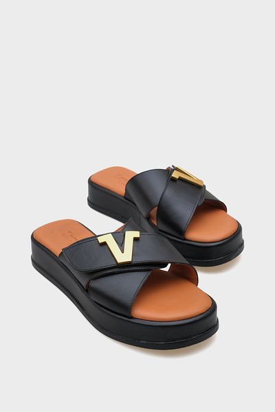 Capone Outfitters Dara Genuine Leather Cross Strap V Buckle Wedge Heeled Comfort Women's Slippers