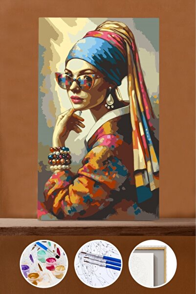 Pastelya Sayılarla Boyama Seti Çerçeveli Kasnaklı Modern İnci Küpeli 50x65 cm