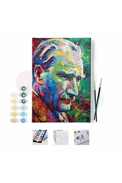 Pastelya Sayılarla Boyama Seti Çerçeveli Kasnaklı Renkli Atatürk 50x65