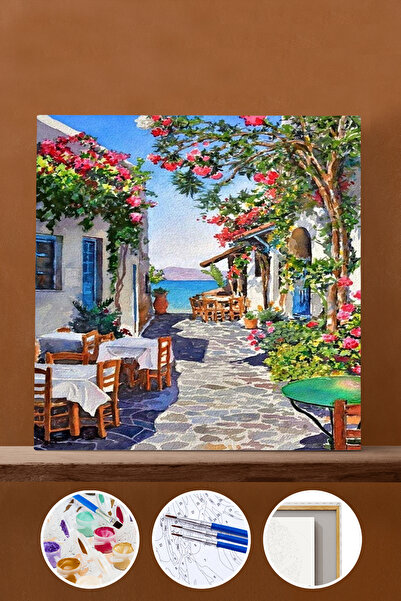Pastelya Sayılarla Boyama Seti Çerçeveli Kasnaklı Bodrum Taş Sokaklar 40 x 50 Cm
