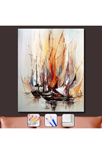 Pastelya Sayılarla Boyama Seti Çerçeveli Kasnaklı Renkli Yelkenliler 60 x 75 cm