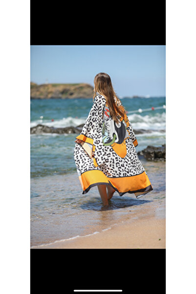 Elif Töngel Kimono uzun ying yang leopar sarı siyah beyaz Japon kimono