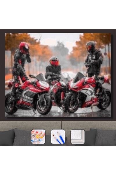 Pastelya Sayılarla Boyama Seti Çerçeveli Kasnaklı Üç Motorcu 40 x 50 Cm