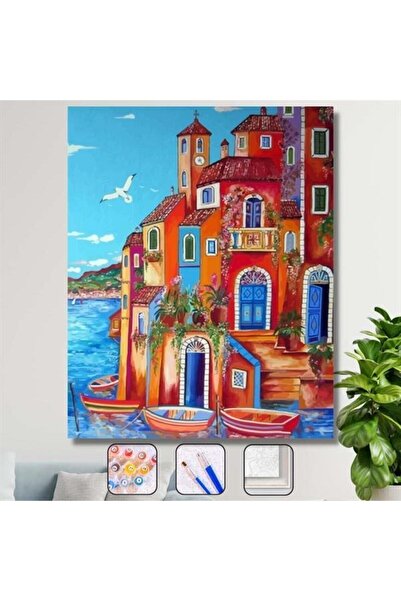 Pastelya Sayılarla Boyama Seti Çerçeveli Kasnaklı Renkli Yalı 40 x 50 Cm