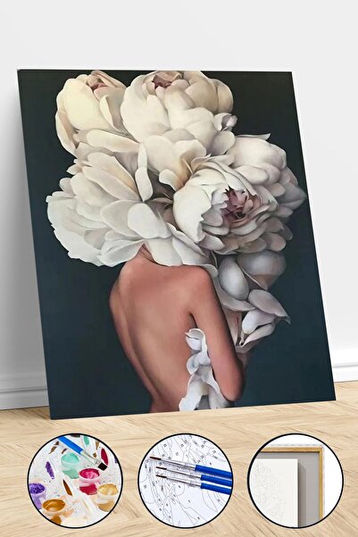 Pastelya Sayılarla Boyama Seti Çerçeveli Kasnaklı Çiçek Kadın 9  50 x 65 cm