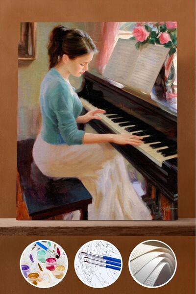 Pastelya Sayılarla Boyama Seti Çerçeveli Kasnaklı Piyano Çalan Güzel 40x50 Cm